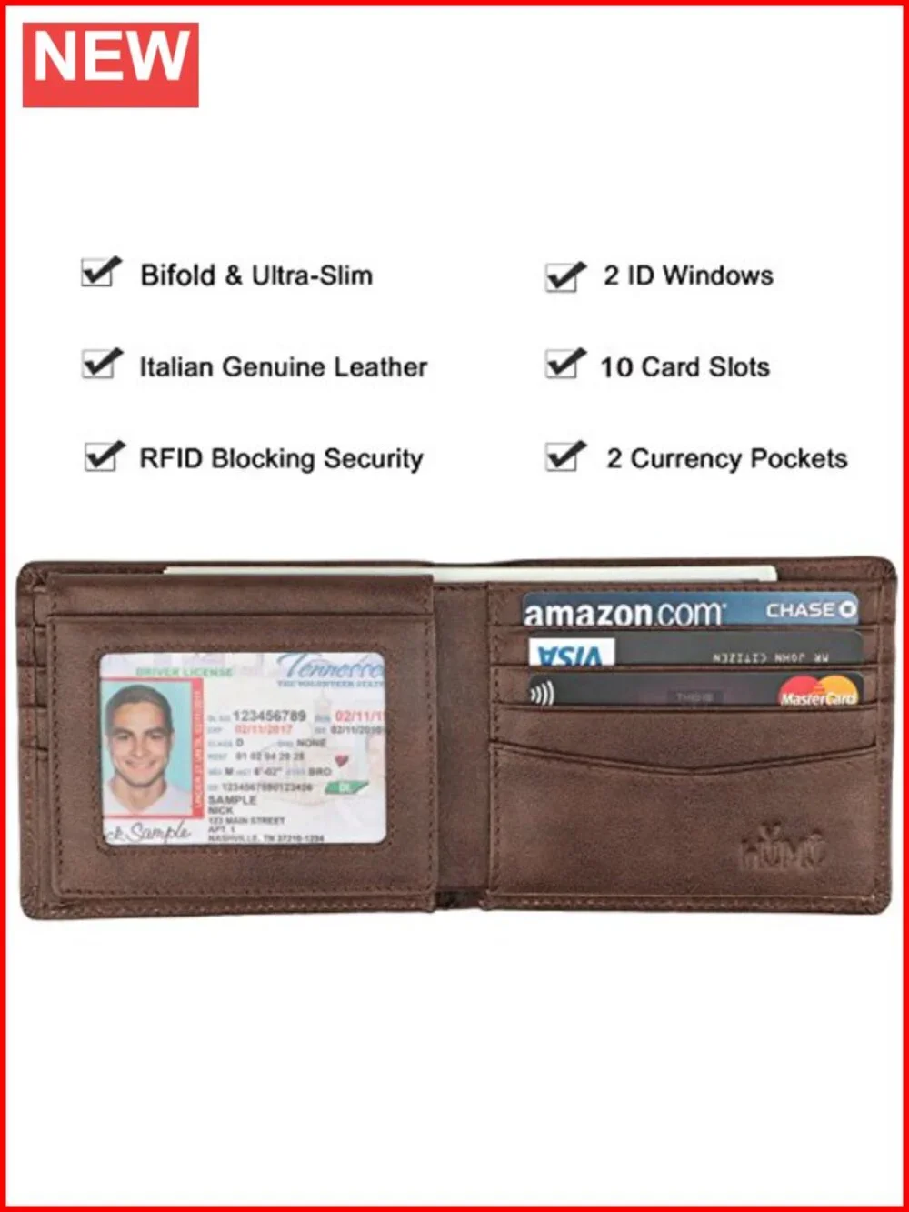 Genuine Leather RFID Blocking Bifold Wallet with 2 ID Windows